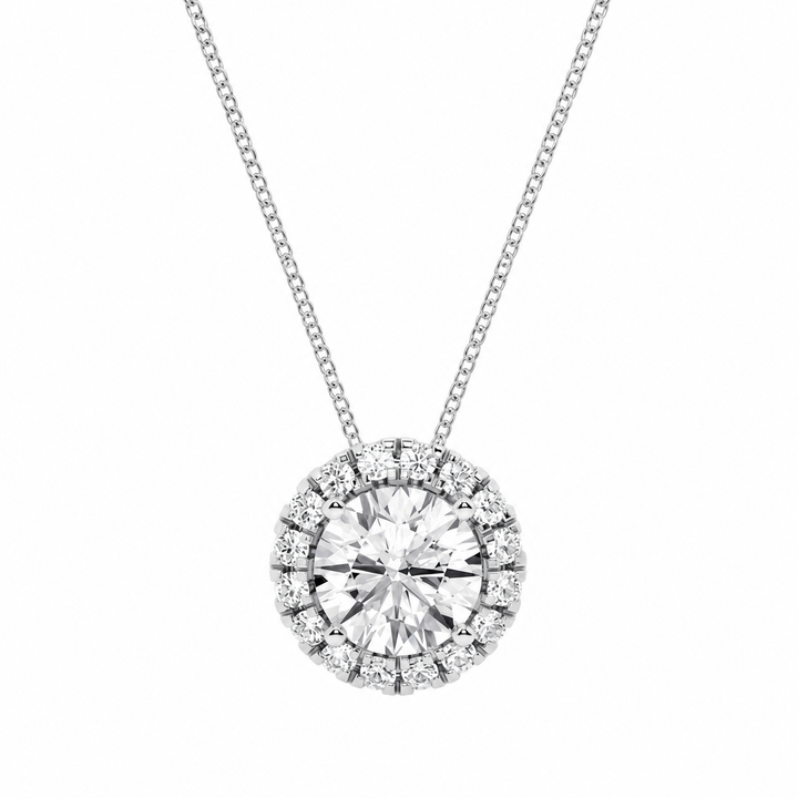 1.76 Carat Round Cut Lab-Grown Diamond Halo Pendant VS1 D–F 14K White Gold with Adjustable Chain — product image