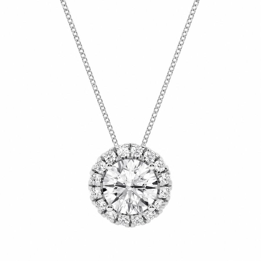 1.76 Carat Round Cut Lab-Grown Diamond Halo Pendant VS1 D–F 14K White Gold with Adjustable Chain