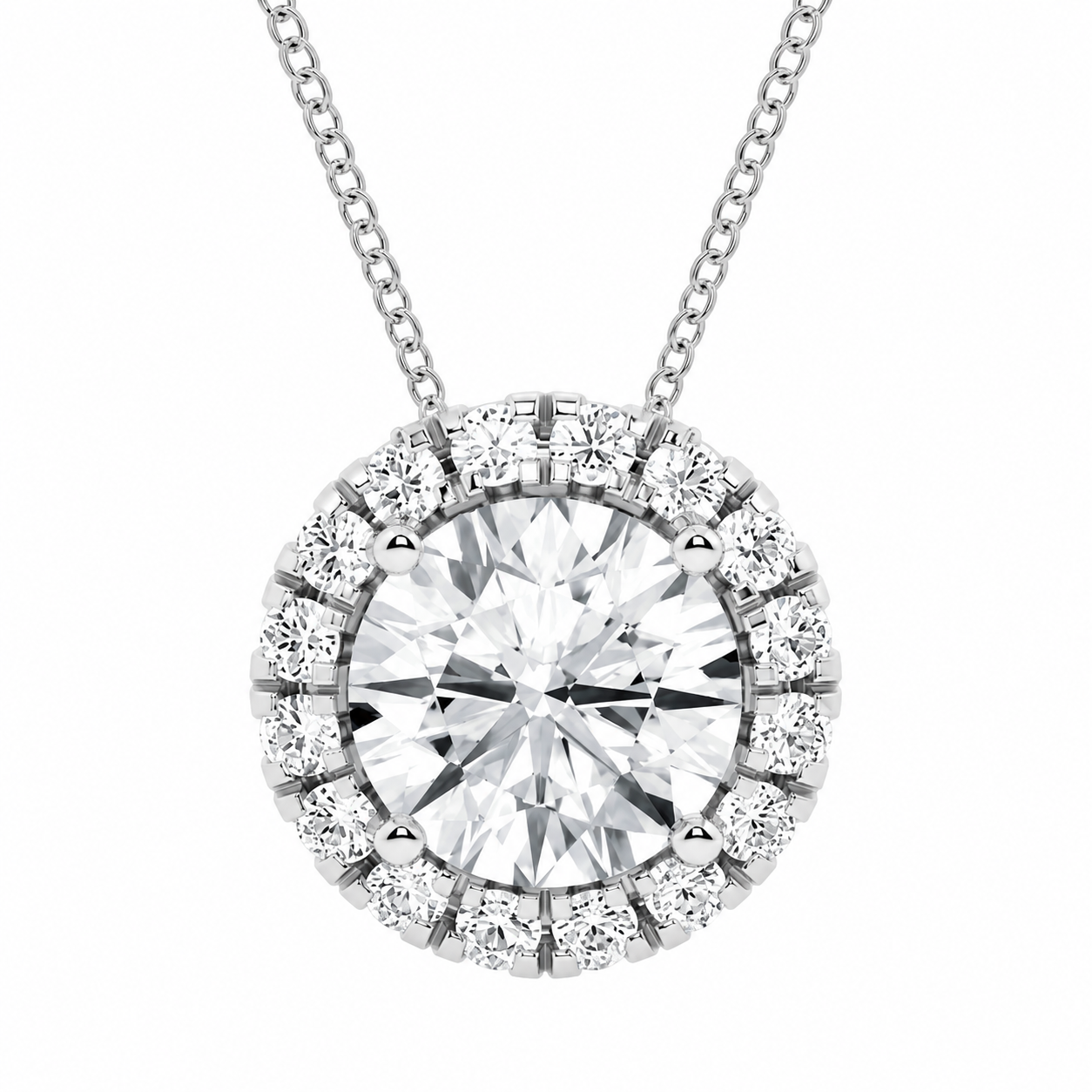 1.76 Carat Round Cut Lab-Grown Diamond Halo Pendant VS1 D–F 14K White Gold with Adjustable Chain