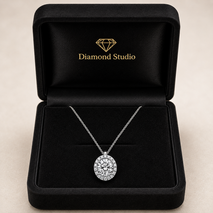 1.76 Carat Round Cut Lab-Grown Diamond Halo Pendant VS1 D–F 14K White Gold with Adjustable Chain