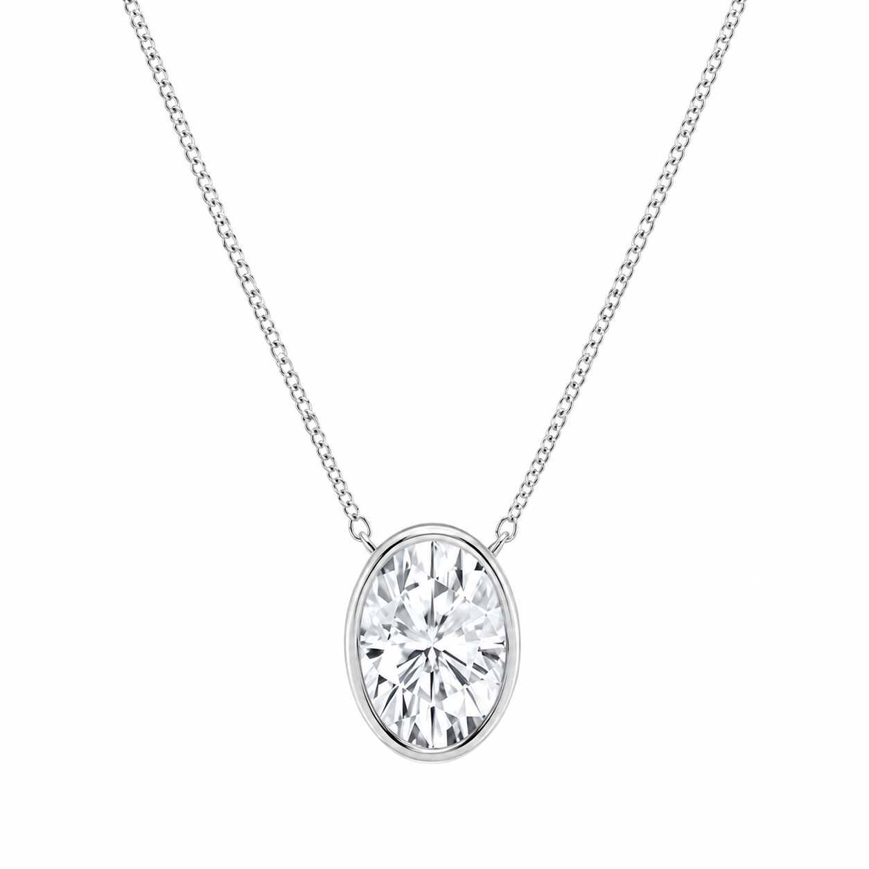 2.00 Carat Oval Cut Lab-Grown Diamond Bezel Set Solitaire Pendant VS1 D-F White Gold 14K with Adjustable Chain