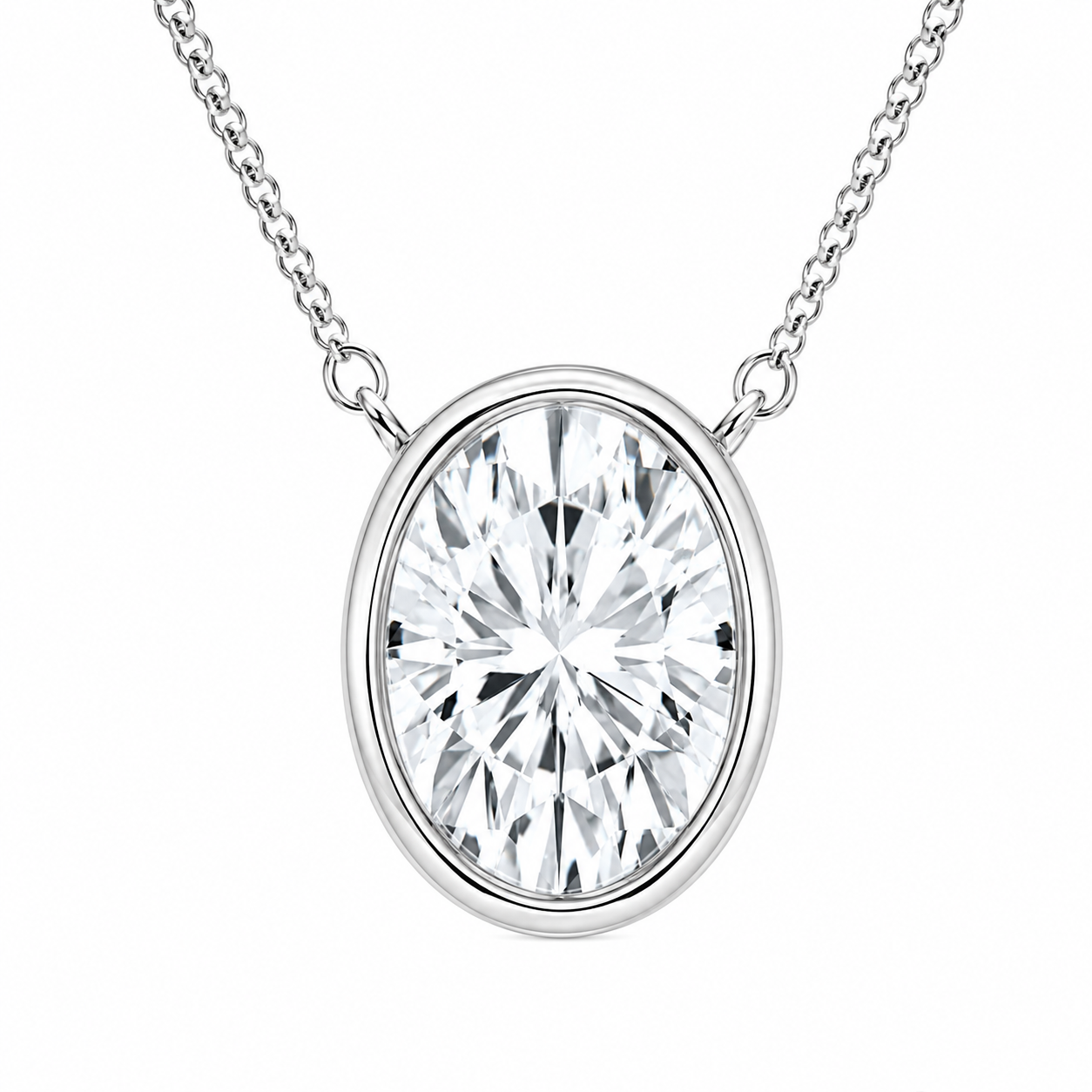 2.00 Carat Oval Cut Lab-Grown Diamond Bezel Set Solitaire Pendant VS1 D-F White Gold 14K with Adjustable Chain