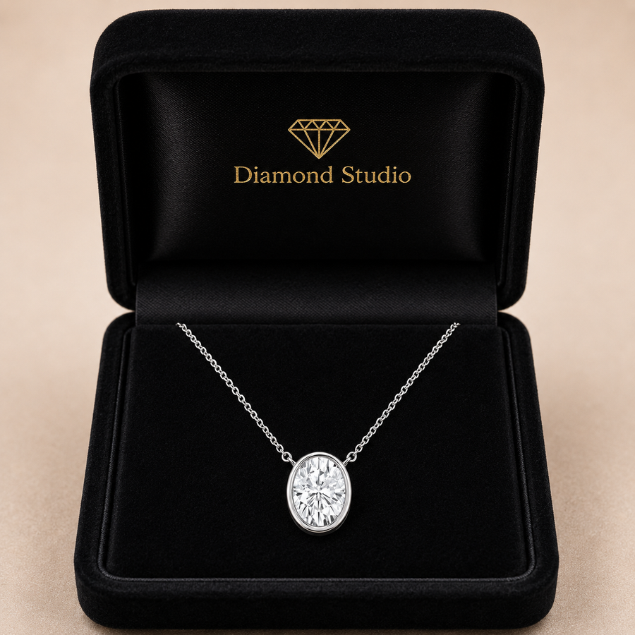 2.00 Carat Oval Cut Lab-Grown Diamond Bezel Set Solitaire Pendant VS1 D-F White Gold 14K with Adjustable Chain