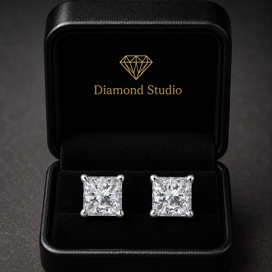 3.5 Ct Princess Cut Basket Stud Diamond Earrings VS1 D Screw Back