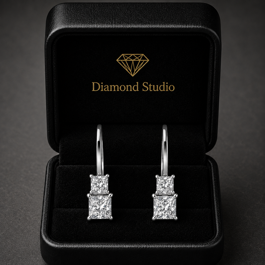 2 Ct Princess Cut 6 Prong Diamond Earrings VS1 D Leverback White Gold