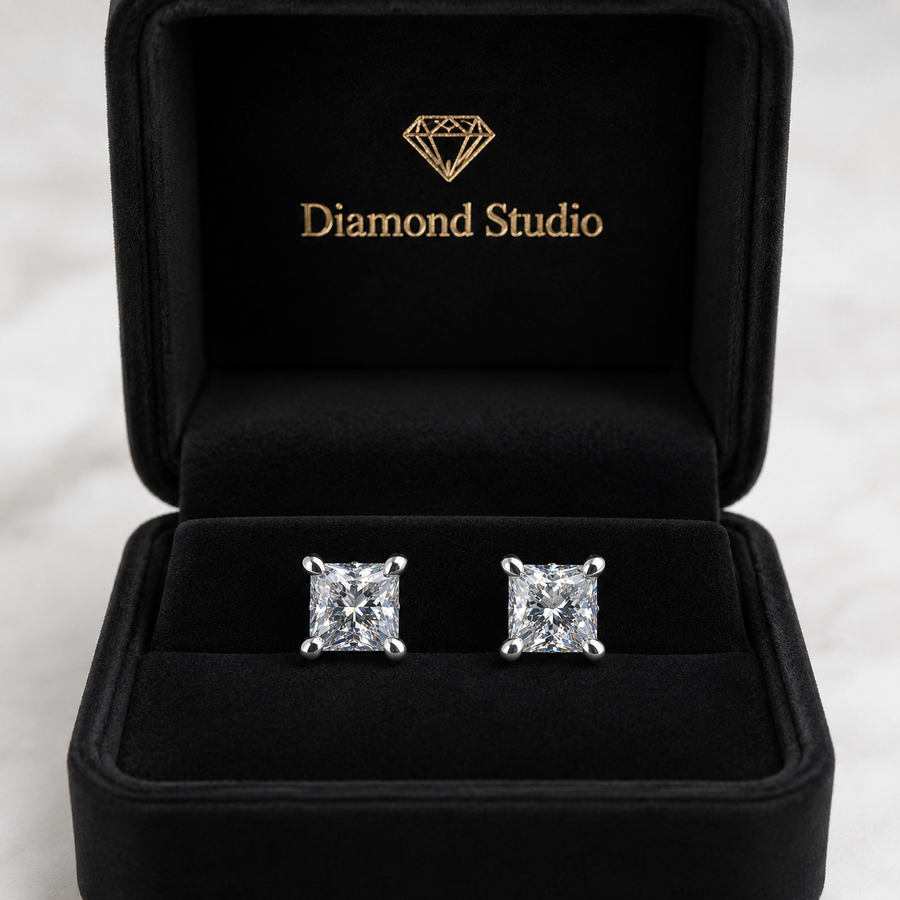 2 Ct Princess Cut Stud Diamond Earrings VS1 D Screw Back White Gold 14k