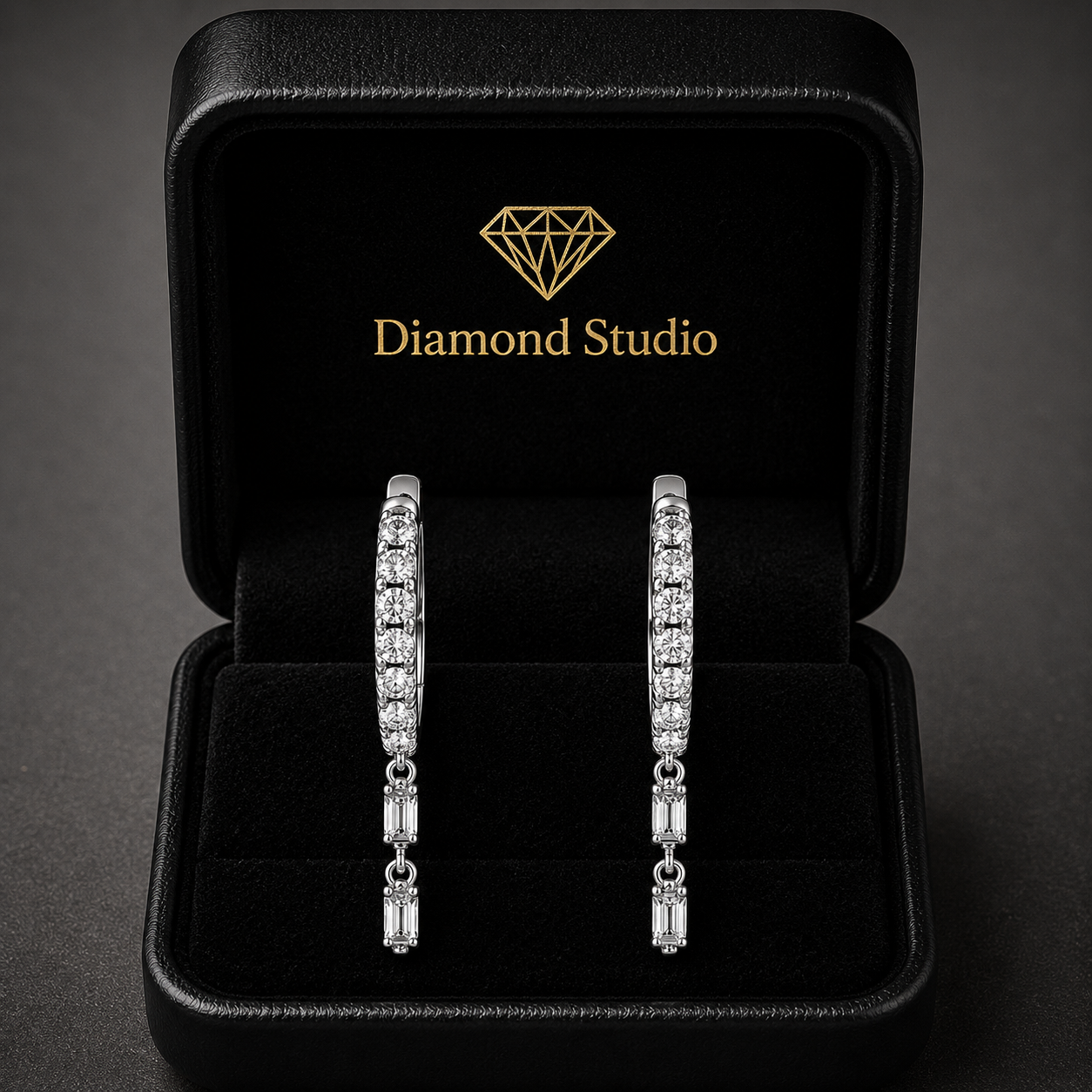 0.57 ct Emerald Round Cut Hoop Flush Diamond Earrings VS1 D White Gold 14k