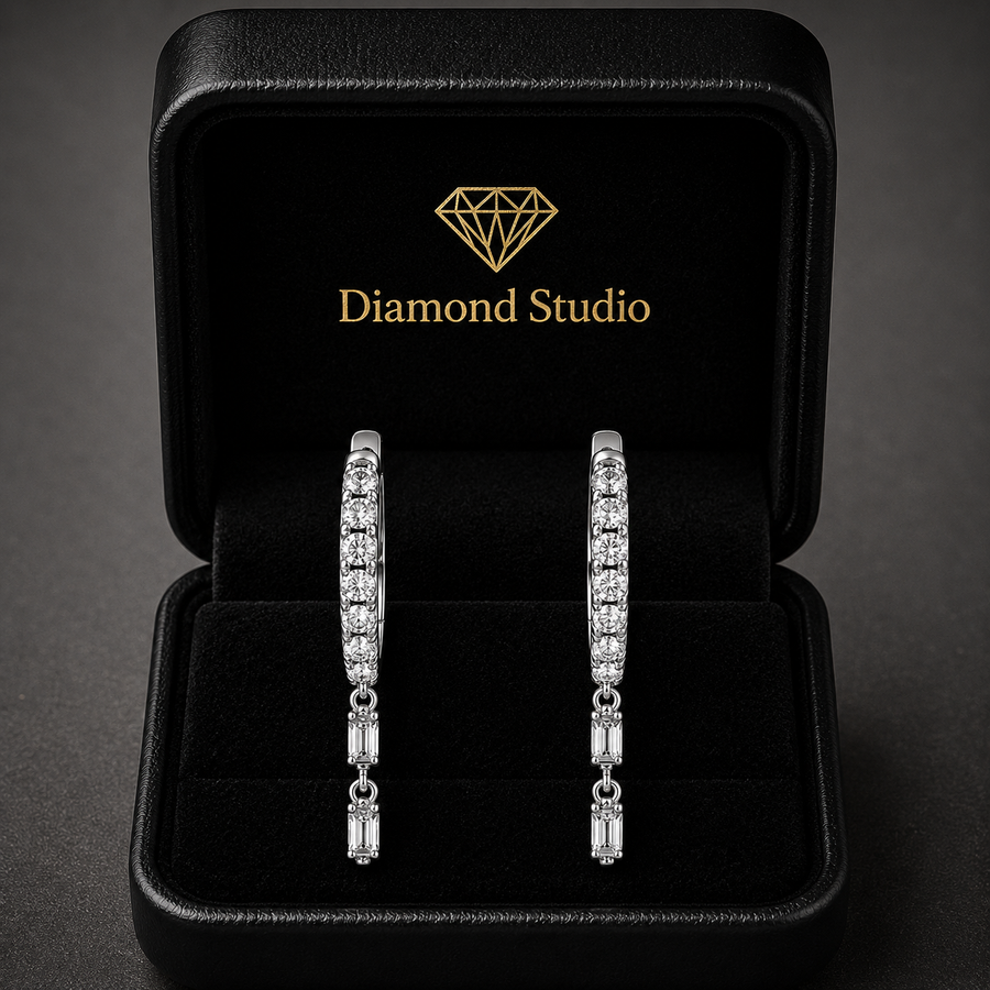 0.57 ct Emerald Round Cut Hoop Flush Diamond Earrings VS1 D White Gold 14k
