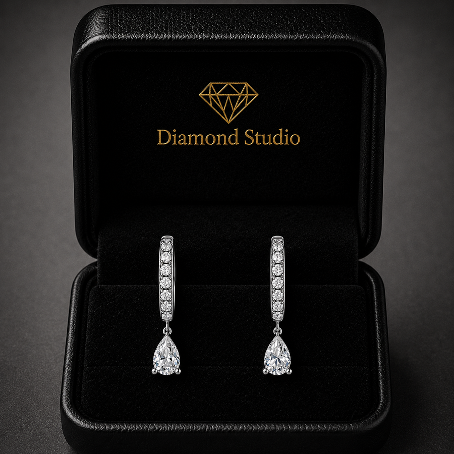 0.6 ct Pear Round Cut Dangle/Drop Flush Diamond Earrings VS1 D White Gold 14k