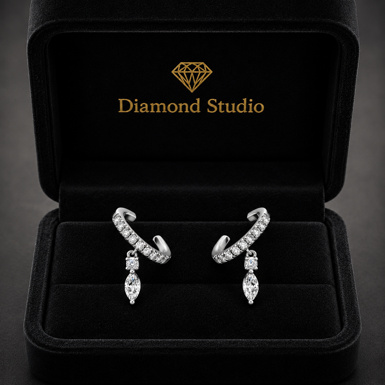 0.49 ct Pear Round Cut Cuff Pav Diamond Earrings VS1 D White Gold 14k