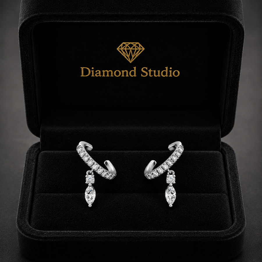0.49 ct Pear Round Cut Cuff Pav Diamond Earrings VS1 D White Gold 14k