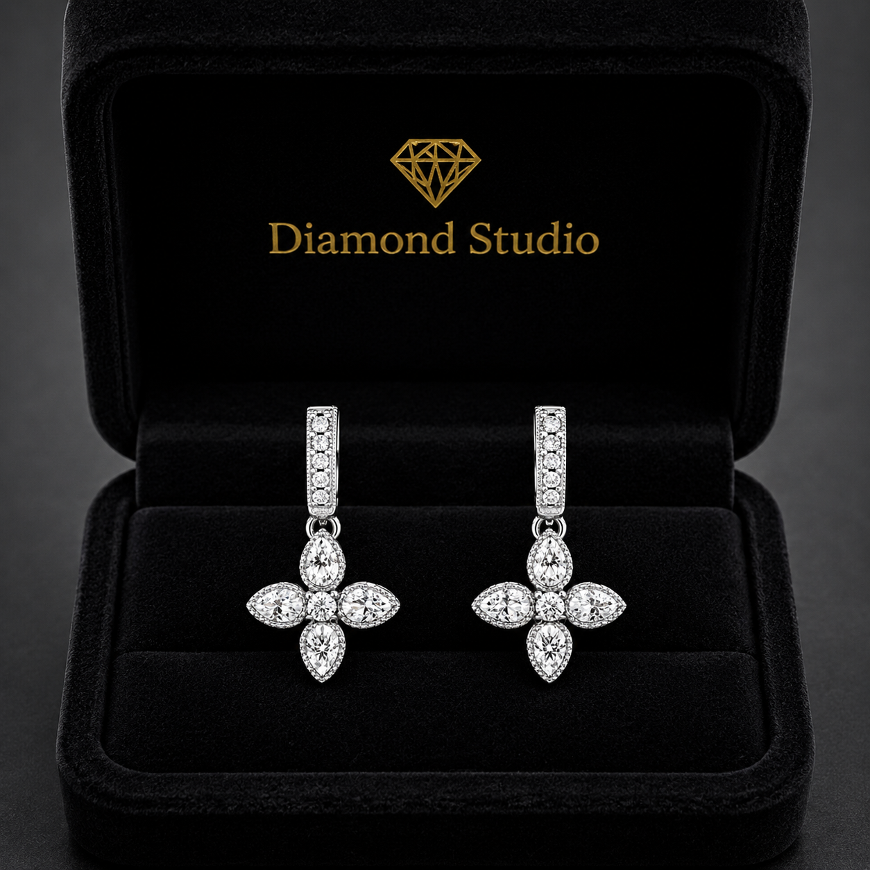 1.02 ct Round Marquise Cut Dangle/Drop Flush Diamond Earrings VS1 D White Gold