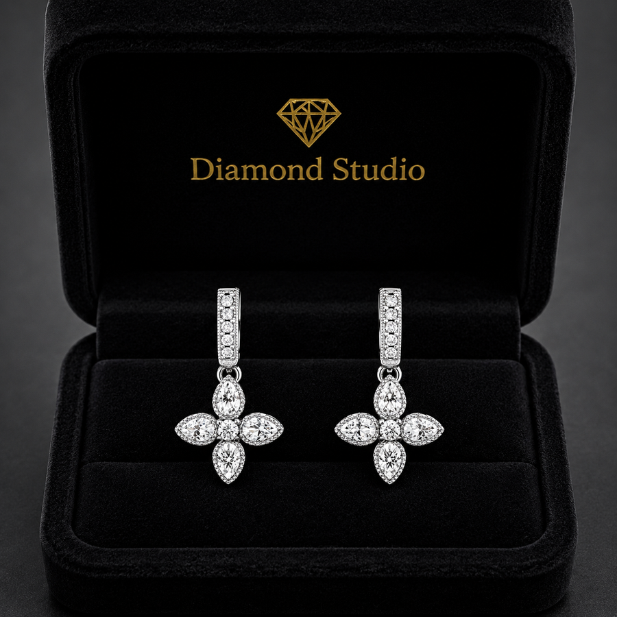 1.02 ct Round Marquise Cut Dangle/Drop Flush Diamond Earrings VS1 D White Gold