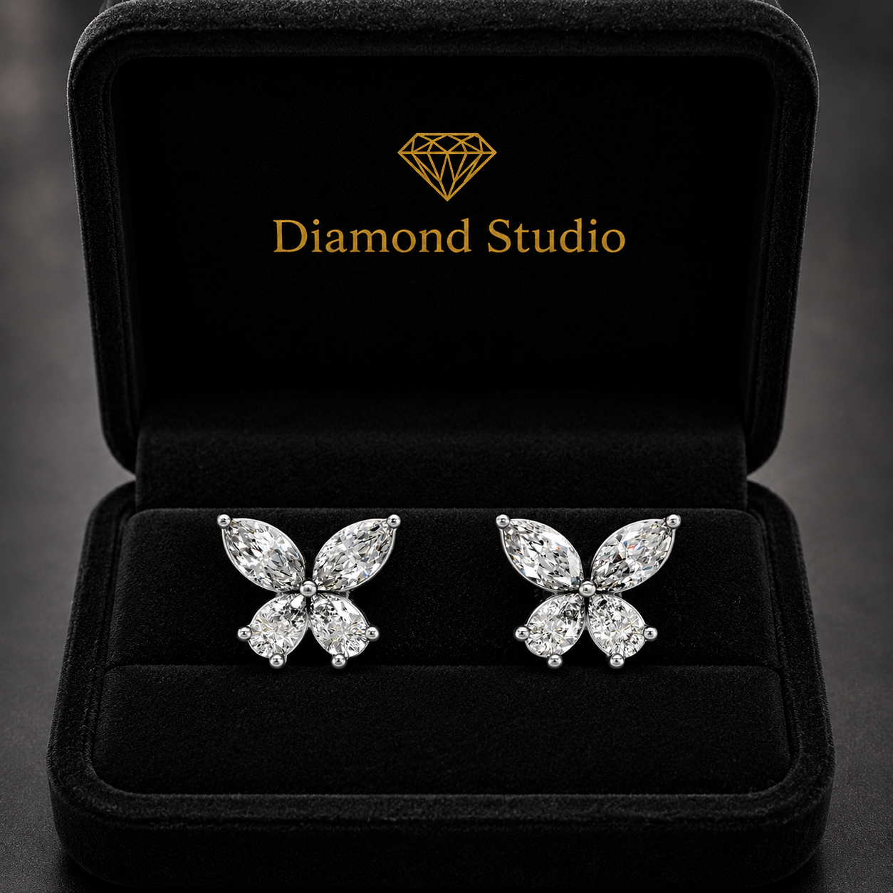 1.94 ct Marquise Pear Cut Stud Cluster Diamond Earrings VS1 D White Gold 14k