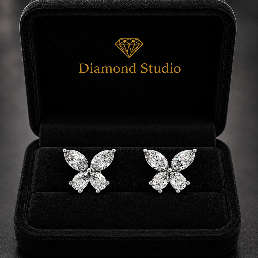 1.94 ct Marquise Pear Cut Stud Cluster Diamond Earrings VS1 D White Gold 14k