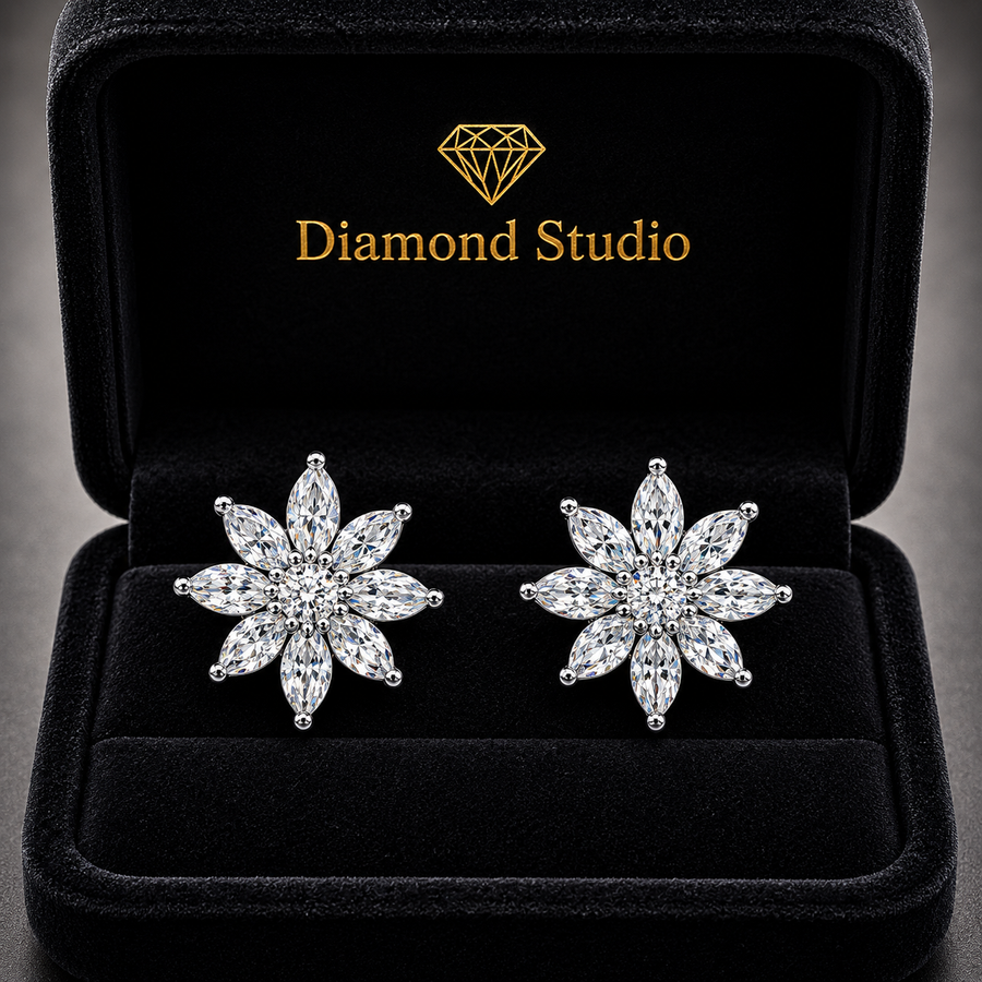 2.15 ct Marquise Round Cut Stud Cluster Diamond Earrings VS1 D White Gold 14k