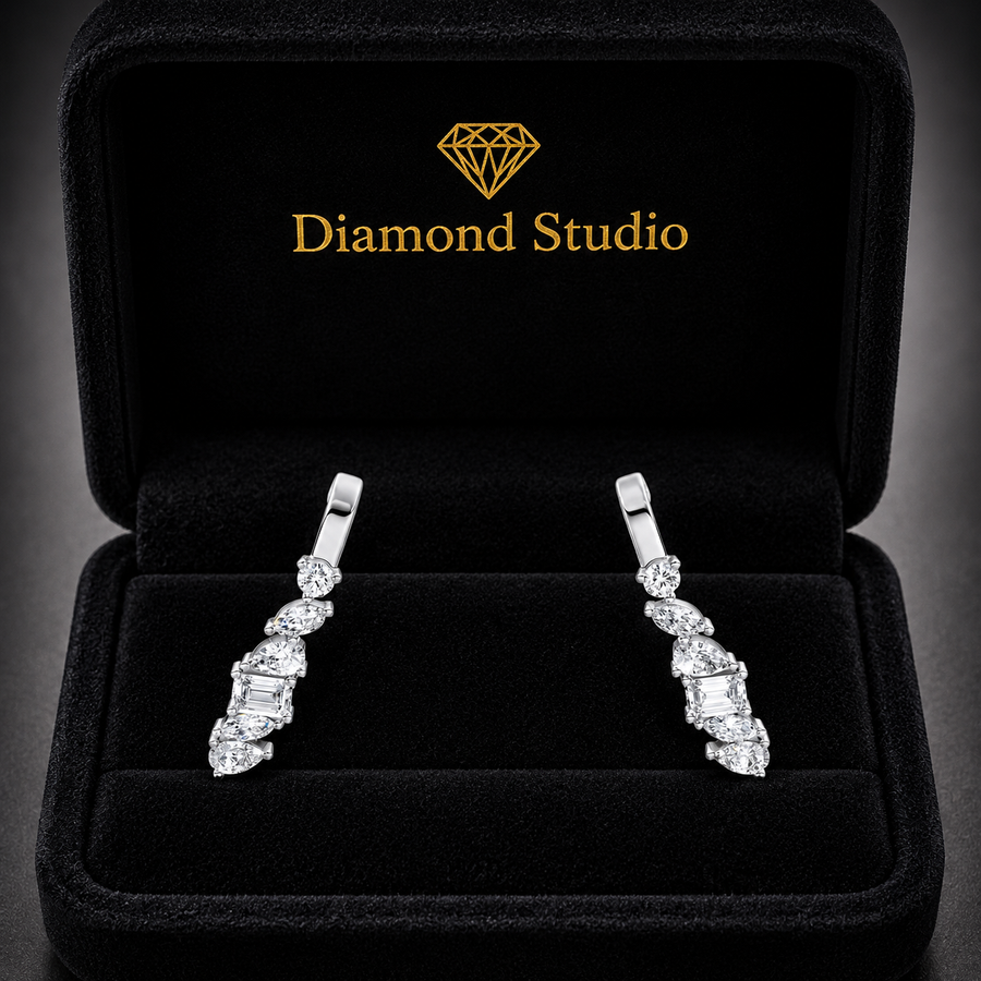 1.95 ct Round Marquise Radiant Pear Cut Cuff Prong Diamond Earrings VS1 D