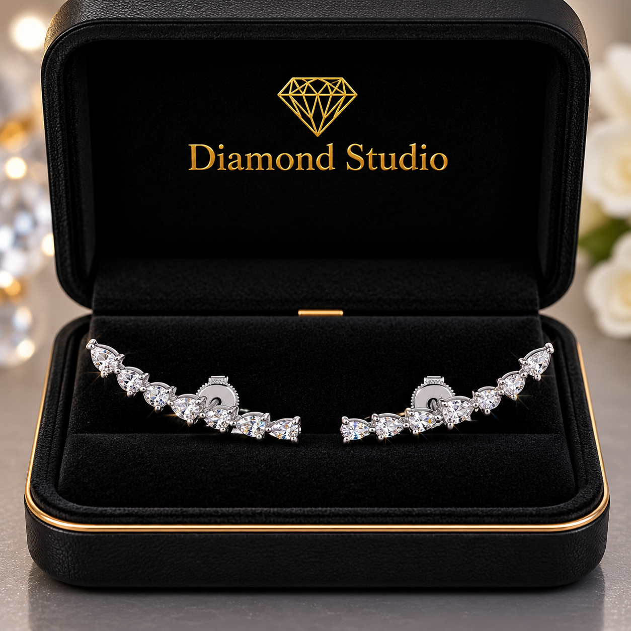 1.79 ct Pear Cut Climber Prong Butterfly Diamond Earrings VS1 D White Gold 14k