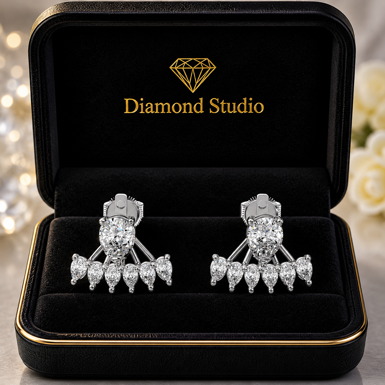 2.01 ct Pear Cut Stud Cluster Butterfly Diamond Earrings VS1 D White Gold 14k