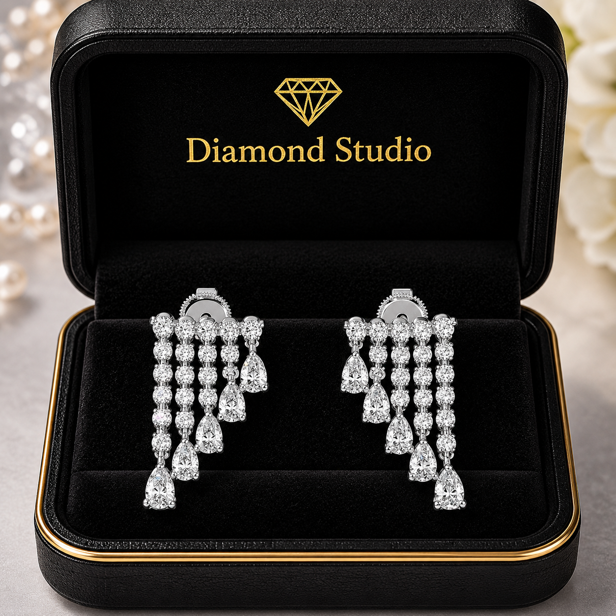 2.29 ct Pear Round Cut Dangle/Drop Cluster Diamond Earrings VS1 D White Gold 14k