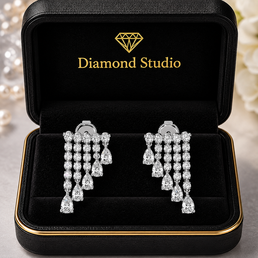 2.29 ct Pear Round Cut Dangle/Drop Cluster Diamond Earrings VS1 D White Gold 14k