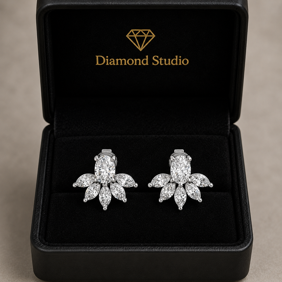 2.46 ct Oval Marquise Cut Stud Cluster Butterfly Diamond Earrings VS1 D White Gold 14k