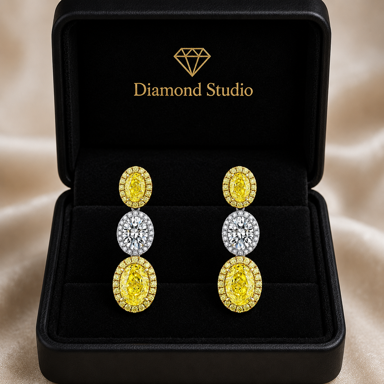 4.4 Carat Oval Cut Halo Three Stone Fancy Yellow Lab Grown Diamond Drop Earrings