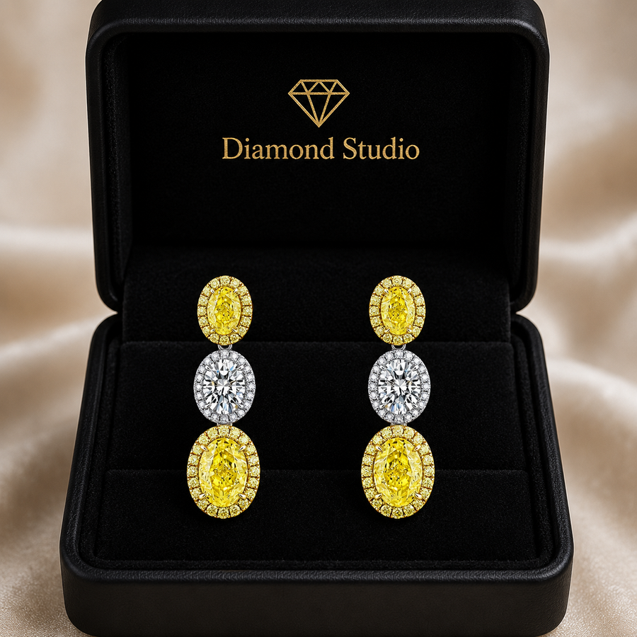 4.4 Carat Oval Cut Halo Three Stone Fancy Yellow Lab Grown Diamond Drop Earrings