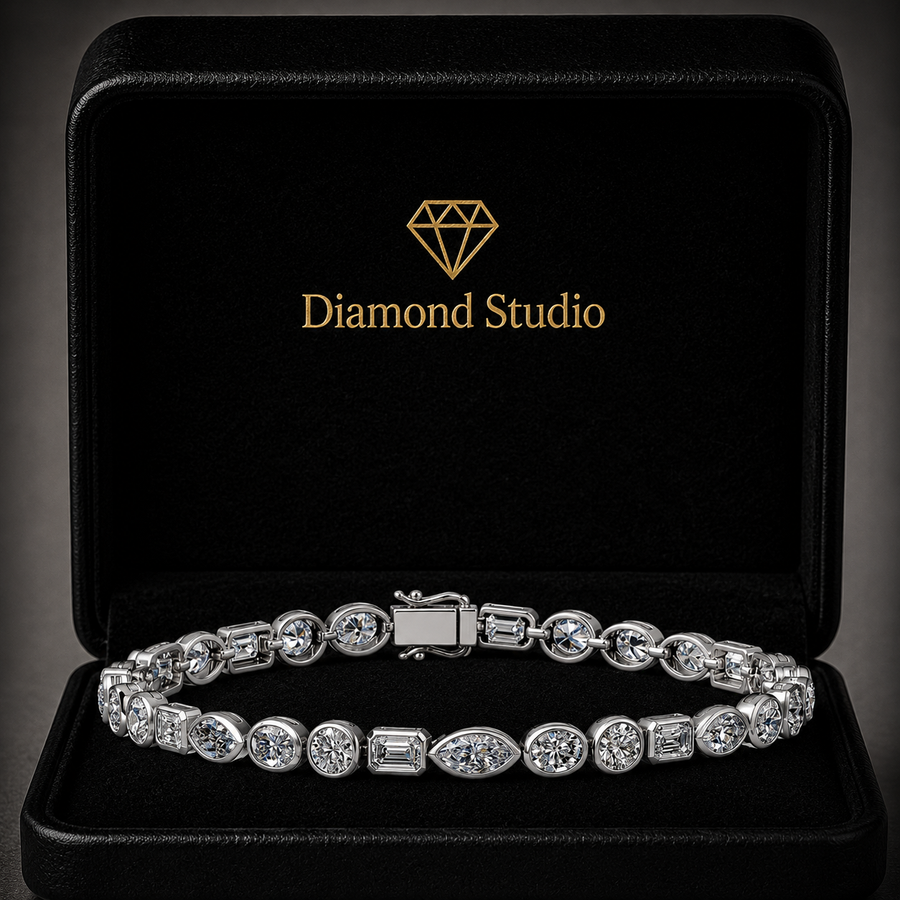 7.06 Carat Oval Emerald Round Cut Diamond Tennis Bracelet VS1 D F White Gold 14k