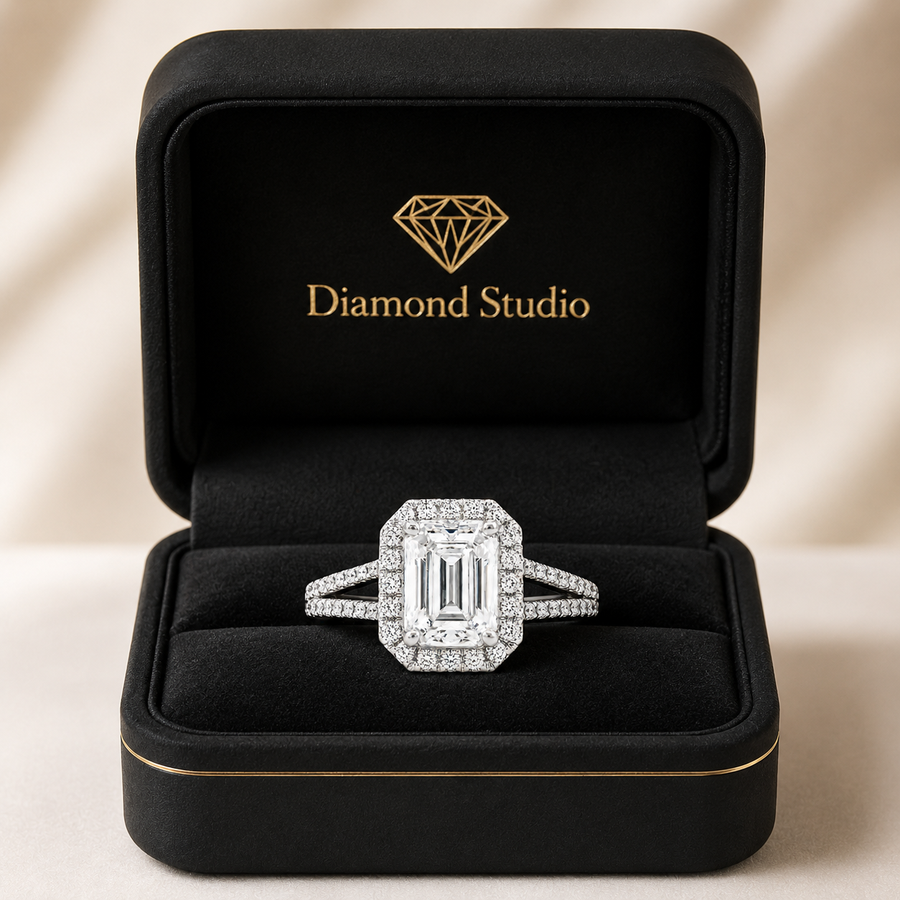 Julia 3.4 ct Lab Grown Radiant Cut Pave Split Shank Diamond Engagement Ring