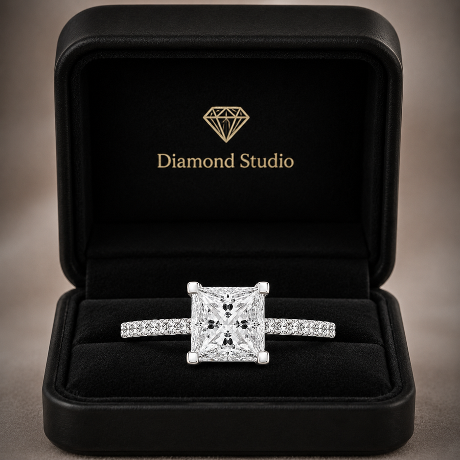 Sophie 1.39 ct Lab Grown Princess Cut Classic Pave Diamond Engagement Ring
