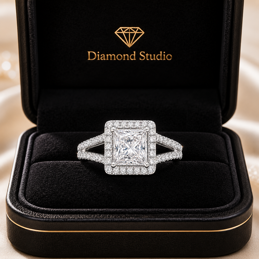 Madeline 2.89 ct Lab Grown Princess Cut Halo Split Shank Diamond Engagement Ring