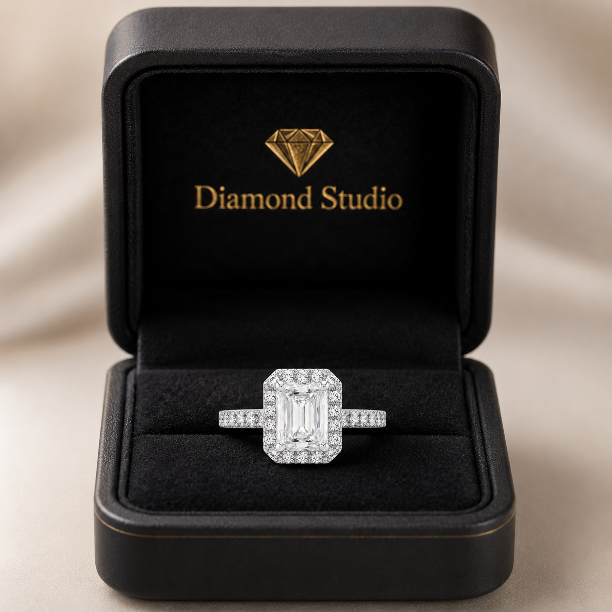 Lucy 1.37 ct Lab Grown Radiant Cut Halo Pave Diamond Engagement Ring