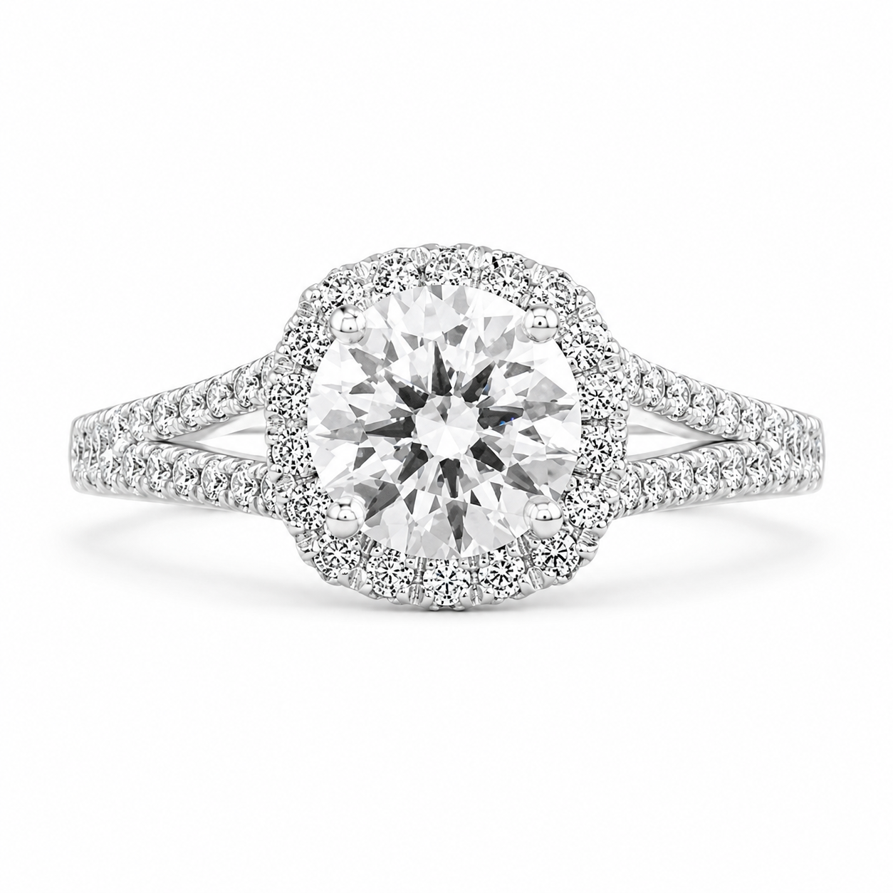 Alice 2.42 ct Lab Grown Round Cut Halo Split Shank Diamond Engagement Ring
