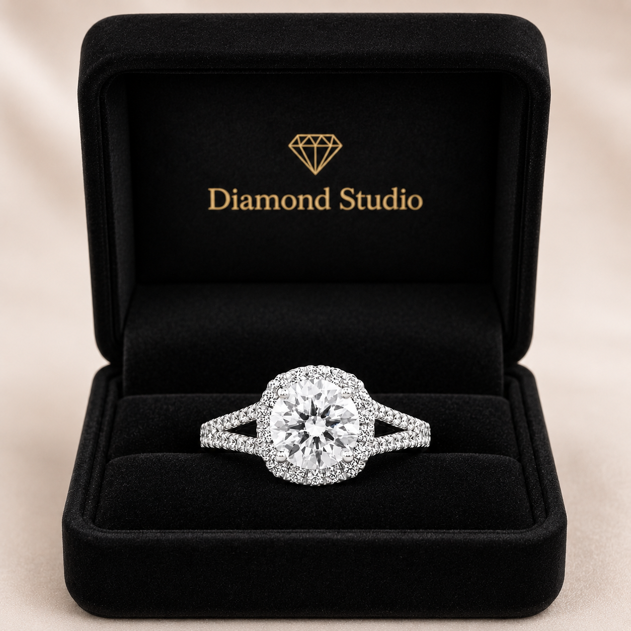 Alice 2.42 ct Lab Grown Round Cut Halo Split Shank Diamond Engagement Ring