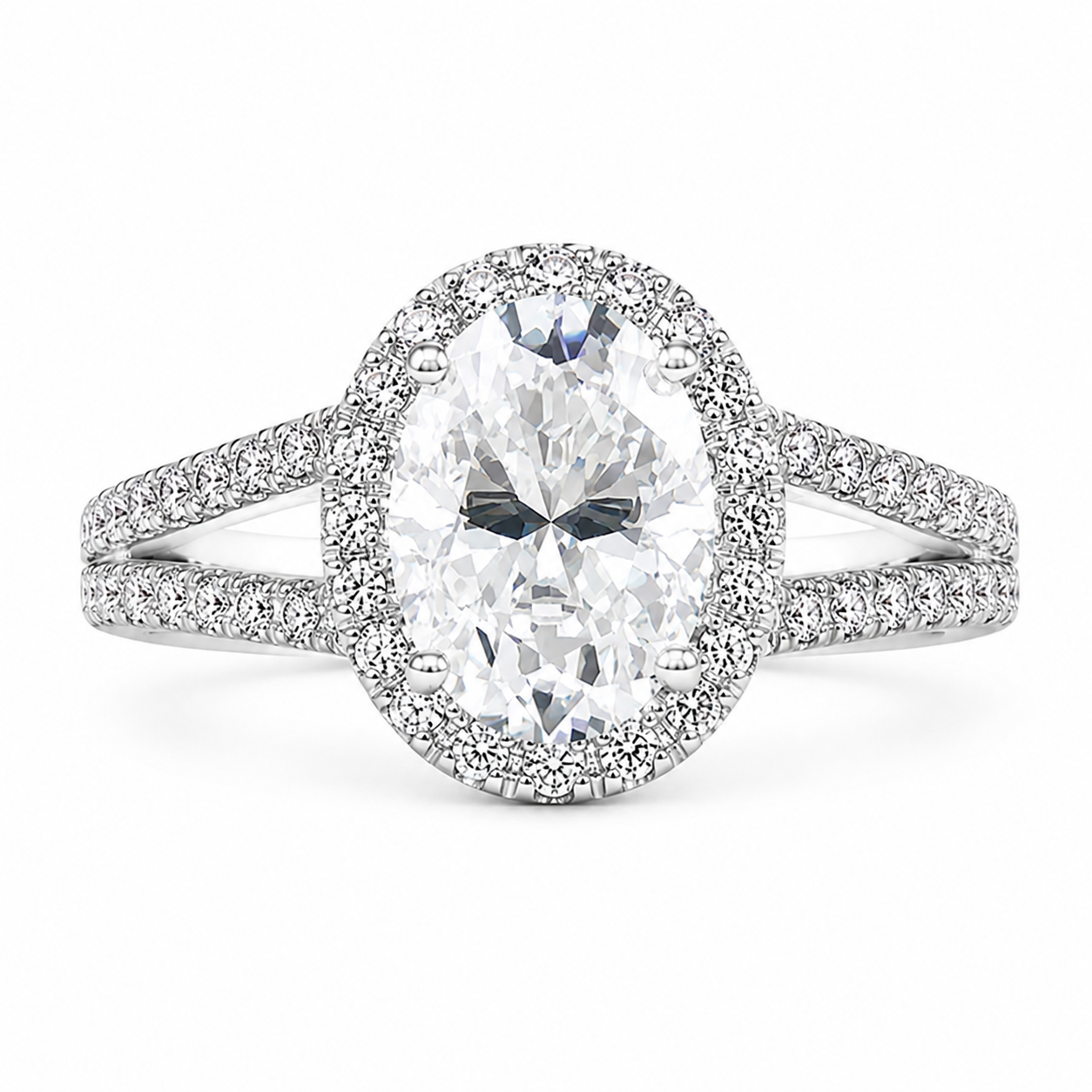 Leah 1.39 ct Lab Grown Oval Cut Halo Split Shank Diamond Engagement Ring