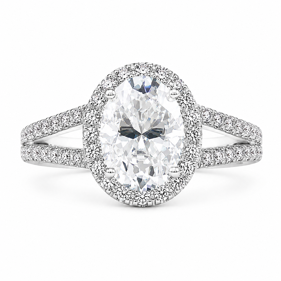 Leah 1.89 ct Lab Grown Oval Cut Halo Split Shank Diamond Engagement Ring