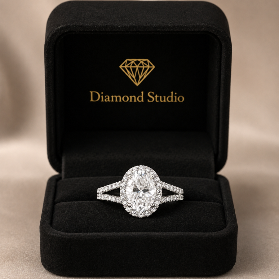 Leah 1.89 ct Lab Grown Oval Cut Halo Split Shank Diamond Engagement Ring