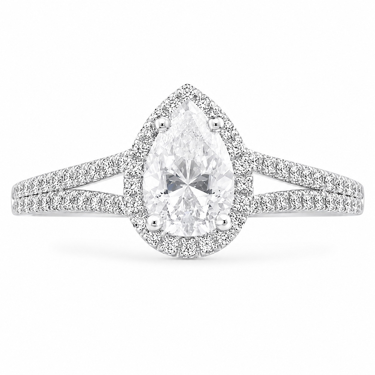 Clara 2.9 ct Lab Grown Pear Cut Halo Split Shank Diamond Engagement Ring