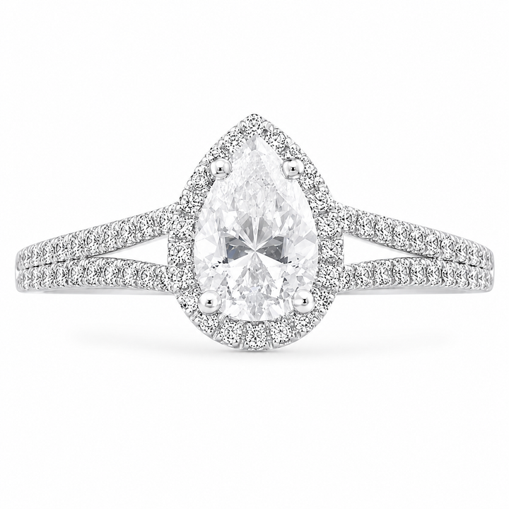 Clara Lab Grown Pear Cut Halo Split Shank Diamond Engagement Ring