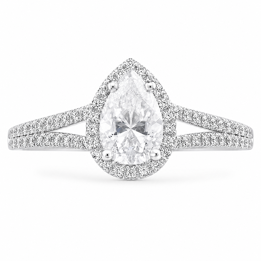 Clara 2.9 ct Lab Grown Pear Cut Halo Split Shank Diamond Engagement Ring