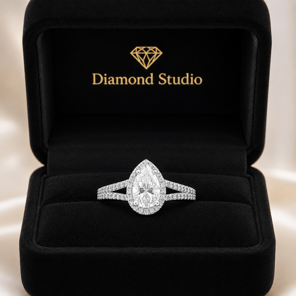 Clara 2.9 ct Lab Grown Pear Cut Halo Split Shank Diamond Engagement Ring