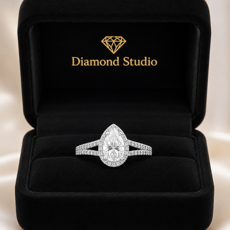 Clara 2.9 ct Lab Grown Pear Cut Halo Split Shank Diamond Engagement Ring