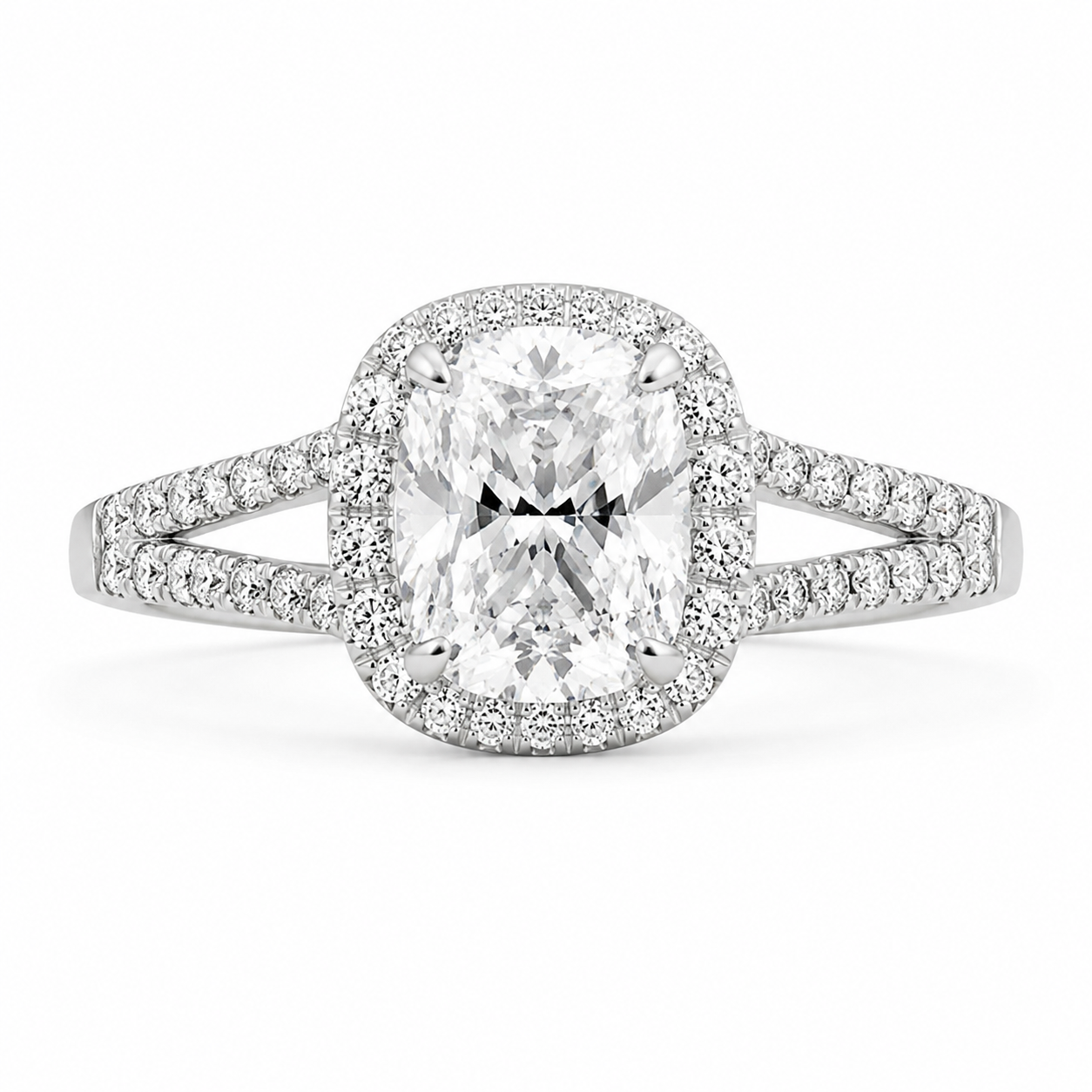 Eva 1.42 ct Lab Grown Cushion Cut Halo Split Shank Diamond Engagement Ring