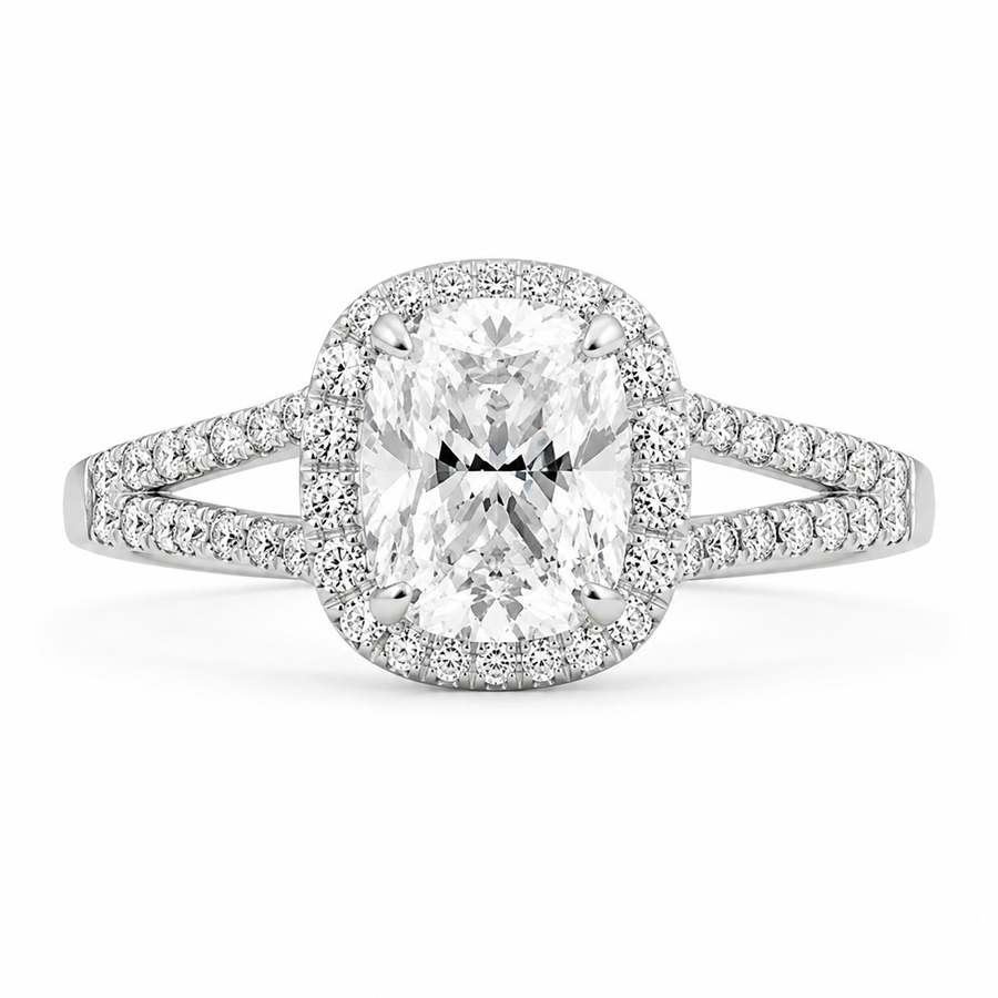 Eva 1.92 ct Lab Grown Cushion Cut Halo Split Shank Diamond Engagement Ring