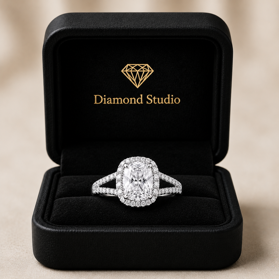 Eva 1.92 ct Lab Grown Cushion Cut Halo Split Shank Diamond Engagement Ring