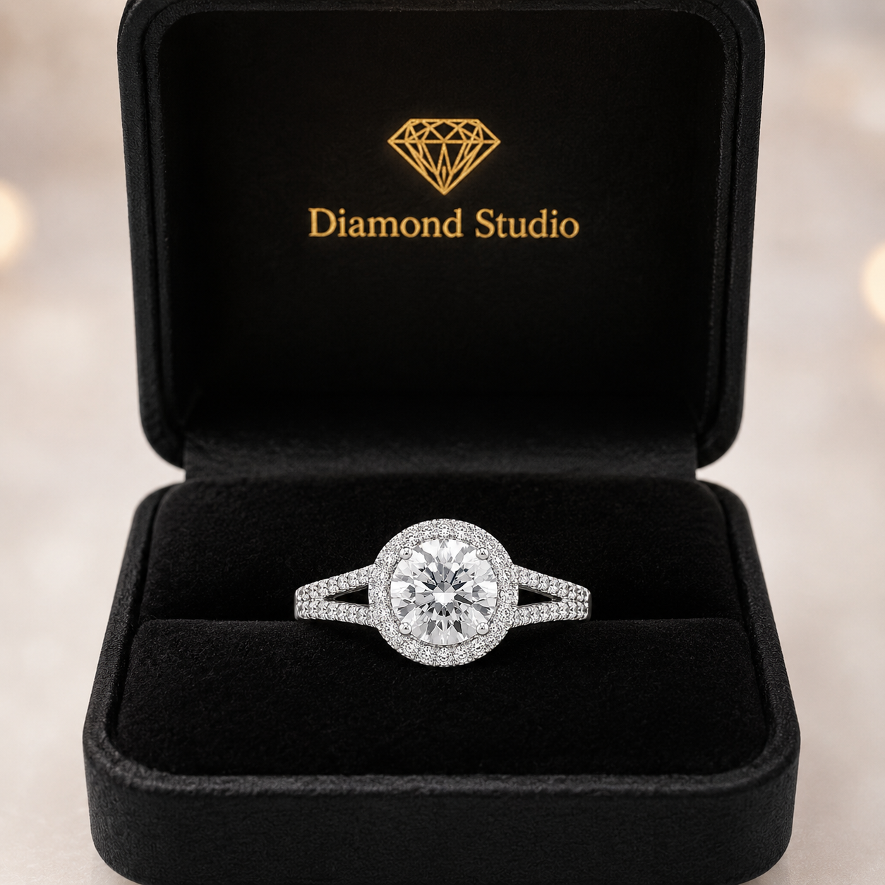 Luna 1.32 ct Lab Grown Round Cut Halo Split Shank Diamond Engagement Ring