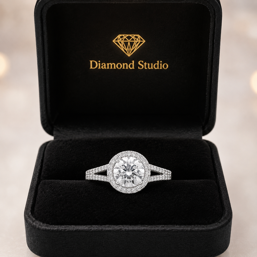 Luna 1.32 ct Lab Grown Round Cut Halo Split Shank Diamond Engagement Ring