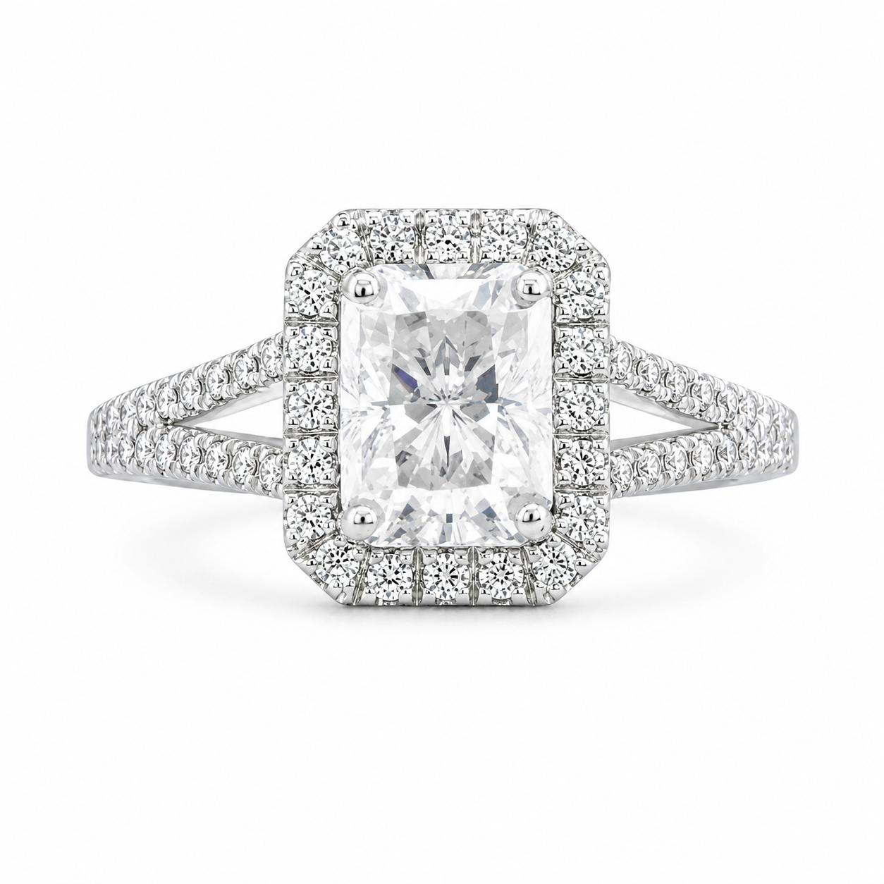 Anna 1.33 ct Lab Grown Emerald Cut Halo Split Shank Diamond Engagement Ring