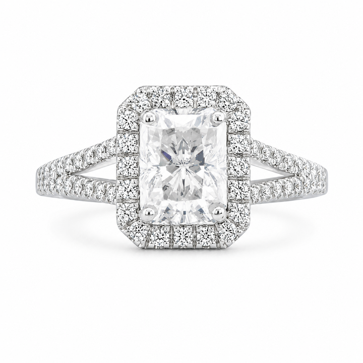 Anna Lab Grown Emerald Cut Halo Split Shank Diamond Engagement Ring